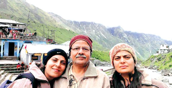 Ektaa Patel (right) with her sister Jasmina and father Rajni near Kedarnath temple, a day before their ordeal began