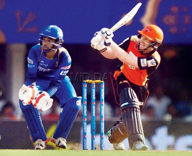 SRH’s Eoin Morgan hits one to the leg side during his 28-ball 63 vs Rajasthan Royals at Brabourne Stadium yesterday. 