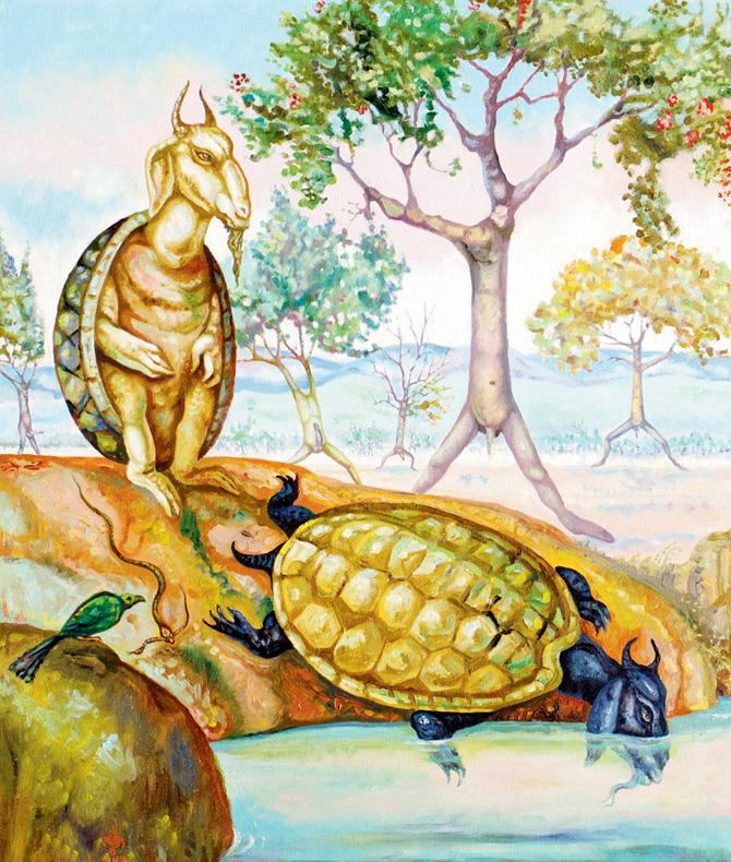 Goat turtles of the moving forest by Gopikrishna, oil on canvas
