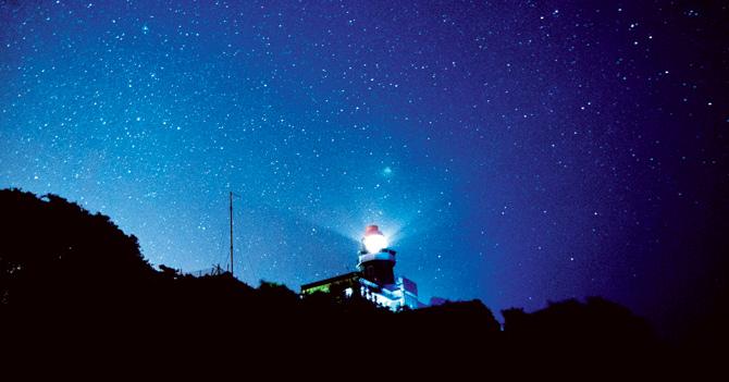 (Above) Night view of the lighthouse at the Kanhoji Angre Island.  
