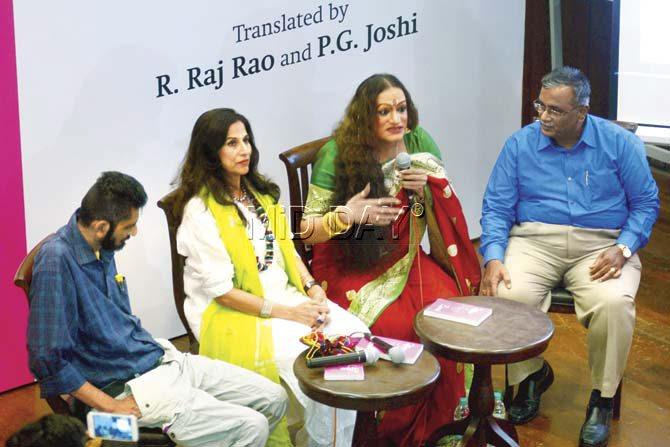(l to r) R Raj Rao, Shobhaa De, Laxmi Narayan Tripathi and PG Joshi at Kitab Khana discussing the book. Pic/Atul Kamble