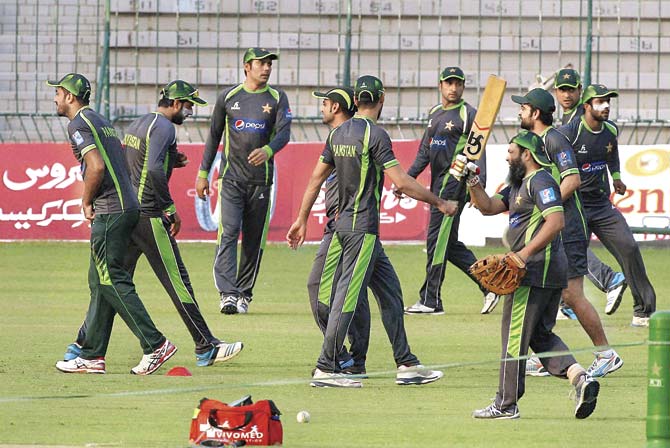The Pakistani cricket team during net practice at the Gaddafi stadium in Lahore yesterday. International cricket returns to Pakistan today for the first time in six years when it hosts Zimbabwe in a T20 match. Pic/AP