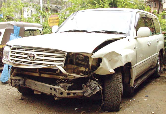 A file photo of Salman Khan’s Land Cruiser in police custody after the accident. The judge observed that if the vehicle was not in speed, the question of bursting of the tyre would not arise, as the vehicle could have been stopped on the spot by applying the brakes as the car had ABS (anti-lock braking system)