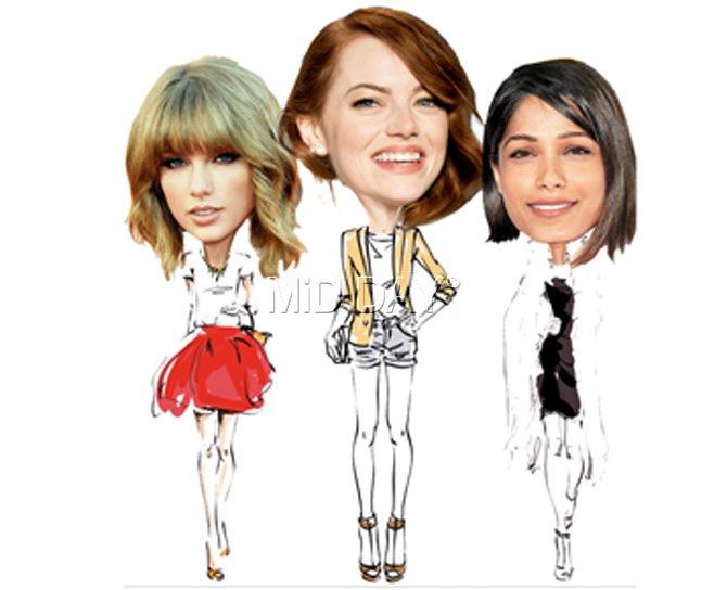 (From left) Singer Taylor Swift, actresses Emma Stone and Freida Pinto. imaging/Amit bandre. pics/afp