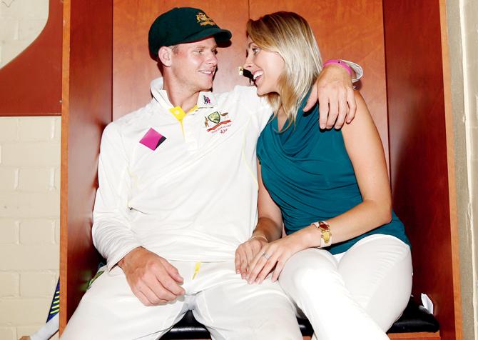 Australia’s Steve Smith and partner Dani Willis pose in the change room after they beat India in fourth Test at SCG in Sydney. PIC/Getty Images