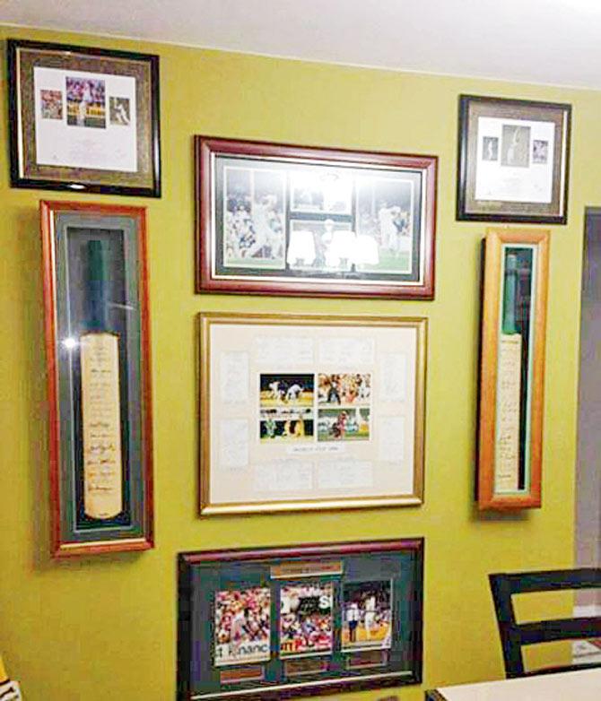 Cricket memorabilia at Ravi Krishnan’s home in New York