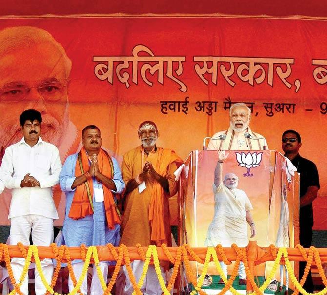 PM Narendra Modi addresses an election rally in Sasaram, Bihar, on October 9. Following the whitewash in the polls, the BJP says it should not have “over-exposed” its prime asset. Pic/PTI