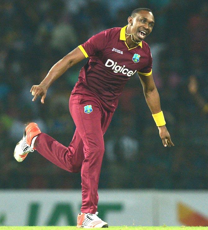  West Indies cricketer Dwayne Bravo celebrates after he dismissed Sri Lankan cricketer Nuwan Kulasekara during the second and final T20 International cricket match between Sri Lanka and the West Indies at the R Premadasa Stadium in Colombo. Pic/AFP