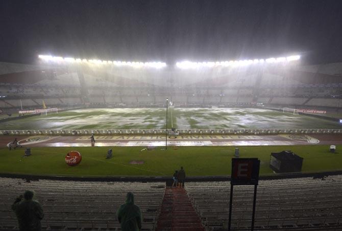 View of the field before the Russia 2018 FIFA World Cup South American Qualifiers football match Argentina vs Brazil, in Buenos Aires. The match has been cancelled due to heavy rains and will be held. Pic/AFP