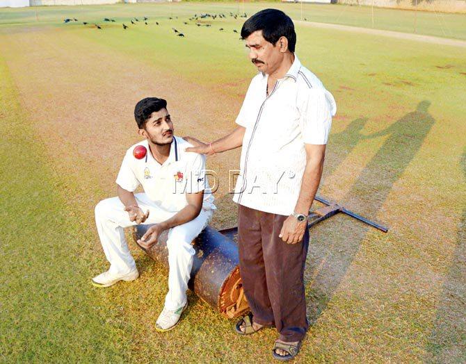 Spinner Ankush Jaiswal with his father Ramkishan at the MIG Cricket Club in Bandra yesterday. Pic/Pradeep Dhivar
