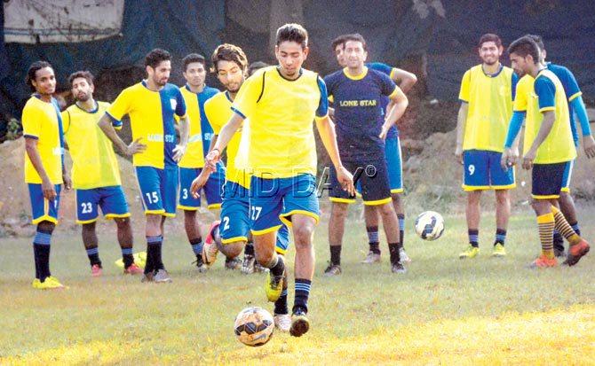 Lonestar Kashmir FC players train at the Goan Sporting Association ground on Saturday ahead of their I-League Second Division opener against Kenkre FC at Cooperage today. Pic/Bipin Kokate
