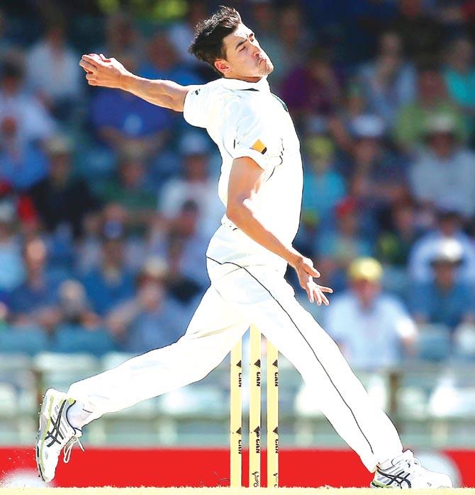 Mitchell Starc of Australia bowls during Day Two of the second Test against New Zealand at the WACA on Saturday. Pic/Getty Images 
