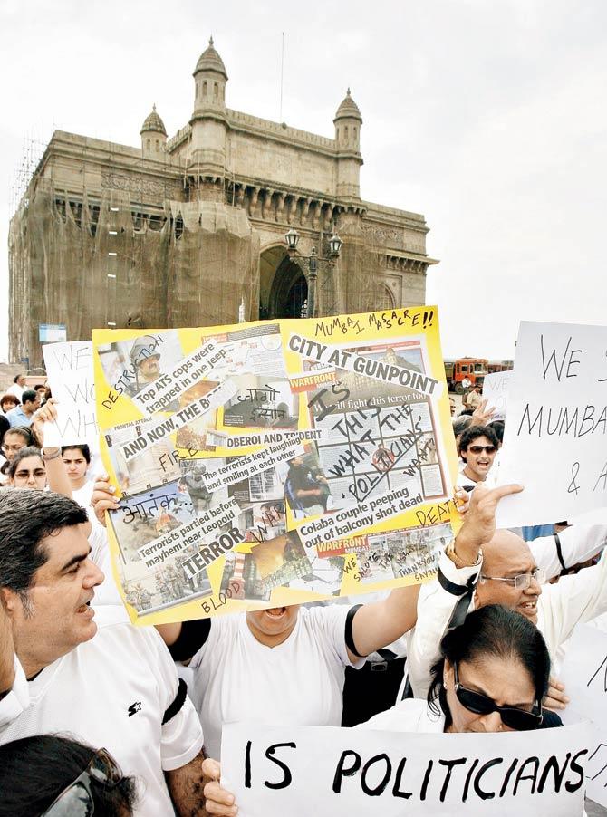 Remembering 26/11: The public meeting at the Gateway of India in the first week of December 2008 was one of more frightening I’ve attended anywhere, with its venom against politicians and the calls for war, and most importantly, over the fact that all systems fell apart on November 26, 2008. file pic/AFP