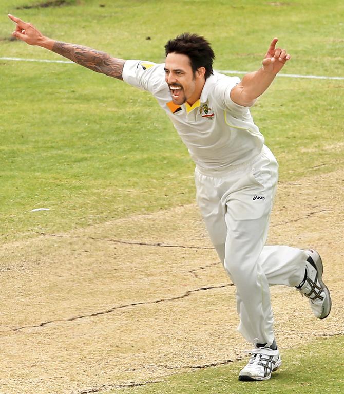 Australia’s Mitchell Johnson celebrates taking the wicket of England’s Tim Bresnan during the  Perth Test in 2013. PIC/Getty IMAGES