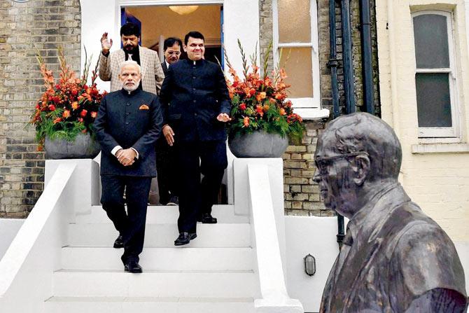 Prime Minister Narendra Modi with Maharashtra Chief Minister Devendra Fadnavis at the Ambedkar Memorial in London on November 14. He was regular with pictures and updates on social media. PIC/PTI