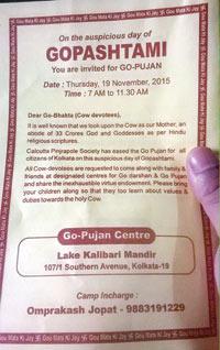 A leaflet (below) informing the locals about a Gau Puja centre at Lake Kalibari Mandir