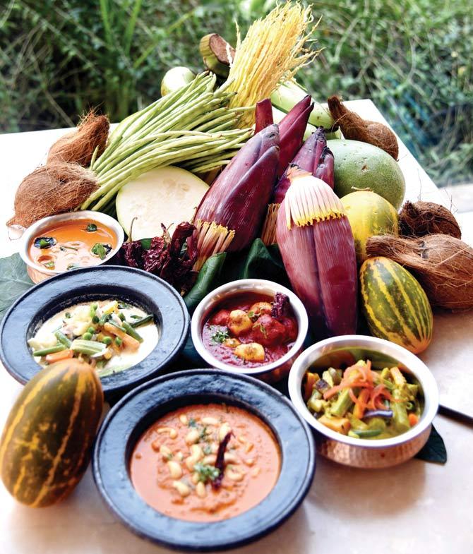 (Clockwise from top left) Mangalorean Alambe Hing Mirsang, Goan Potato Vindaloo,  Bengali Shukto, Konkani Kaju Chi Amti and Kerala Pachkari Stelo are on the vegetarian menu at Saptami’s ongoing Coastal Food Festival. Pic/Sameer Markande