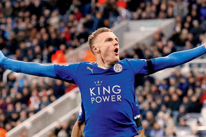 Leicester City striker Jamie Vardy celebrates after scoring against Newcastle United in an English Premier League match at St James’ Park in Newcastle-upon-Tyne on Saturday. PIC/AFP
