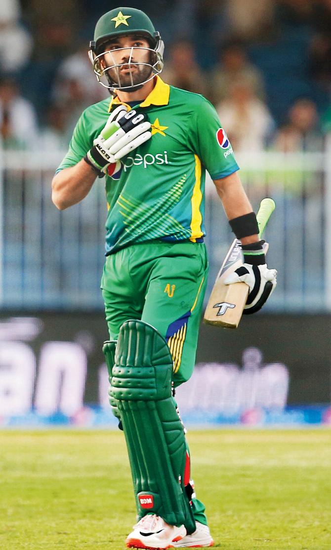 Pakistan’s Muhammad Rizwan is dejected after being dismissed during the third ODI at Sharjah on November 17. Pic/AFP