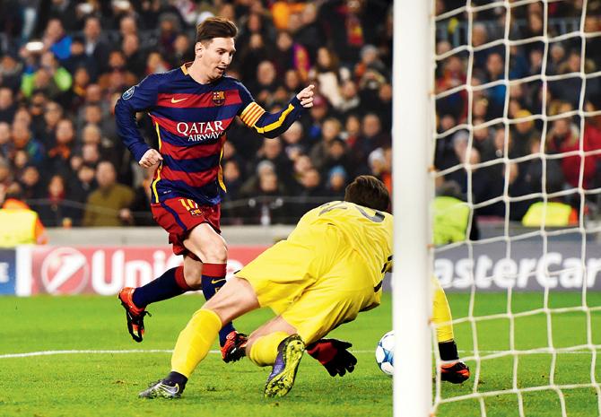 Lionel Messi scores Barcelona’s fifth goal against AS Roma at Camp Nou on Tuesday. PIC/Getty Images