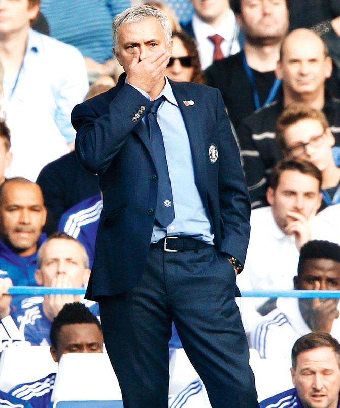 Chelsea manager Jose Mourinho gestures during their EPL match against Liverpool at Stamford Bridge on Saturday. Pic/AFP