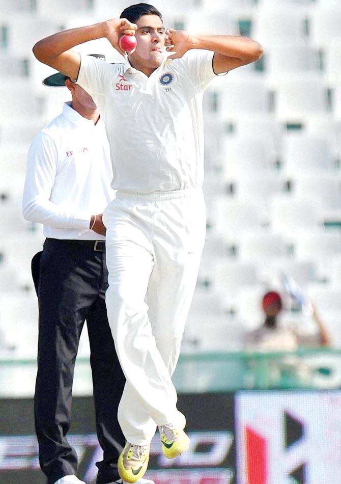 India off-spinner Ravichandran Ashwin bowls on Day Two of first Test against South Africa at Mohali on Friday. Pic/PTI