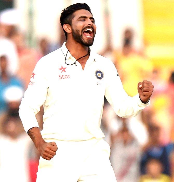 Ravindra Jadeja celebrates the fall of a SA wicket in Mohali. Pic/AFP
