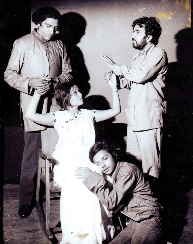 (Left to right): Amrish Puri, Sunila Pradhan, Satyadev Dubey and Sunil Shanbag (kneeling) in the Hindi translation of Mahesh Elkunchwar’s Garbo, directed by Dubey. Pics/Courtesy Theatre Unit Archives