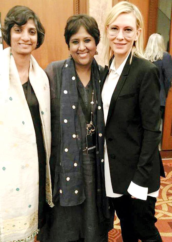 (L-R) Menaka Guruswamy, Barkha Dutt and Cate Blanchett.