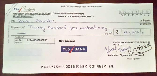 The Rs 20,500 cheque Rama received from Meru cabs on November 9