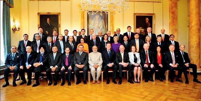 Jyotsna Suri (in orange) was the only woman to be included in PM Narendra Modi’s team that visited the UK last week