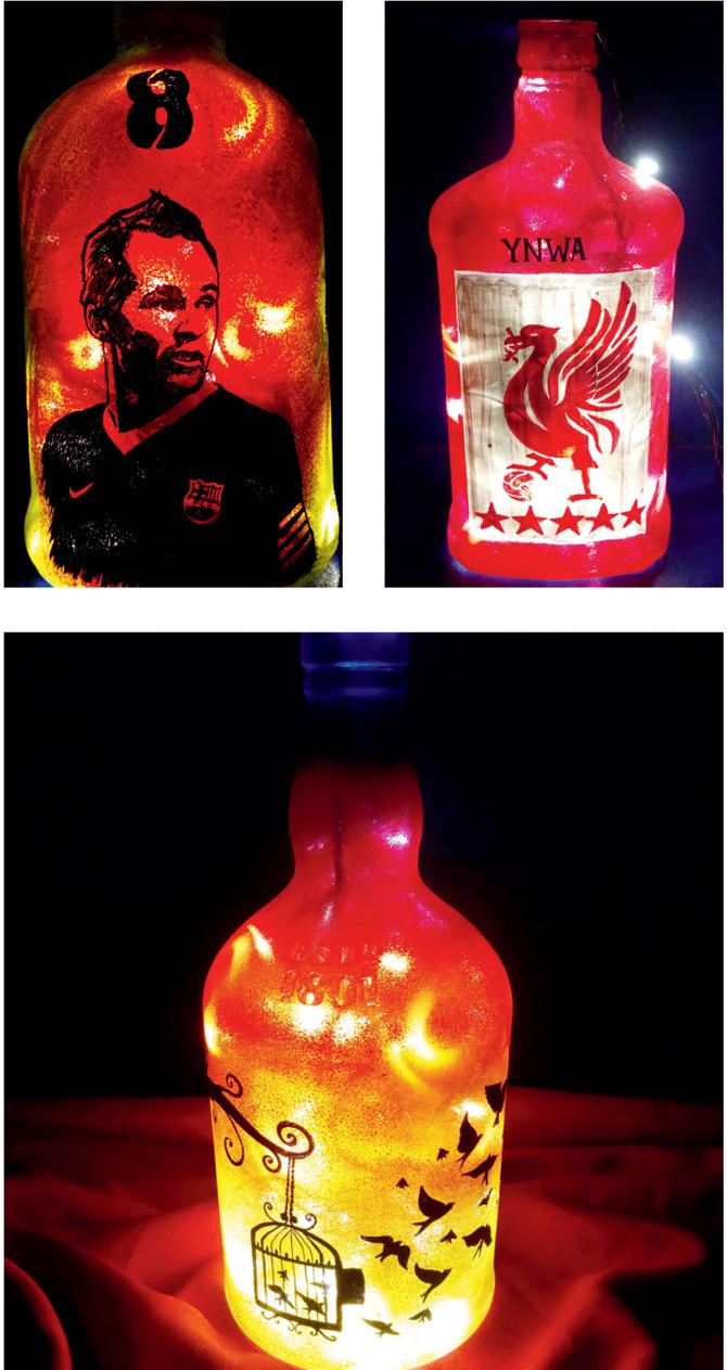 Lamps with customised designs of (clockwise from top left) Spanish footballer Andrés Iniesta Luján, Liverpool Football Club and the emotion of freedom