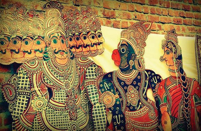 Leather puppets of (from left) Ravana, Hanuman and Sita