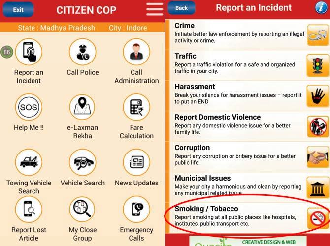 Screenshots highlighting the app and the option (circled) to report smokers