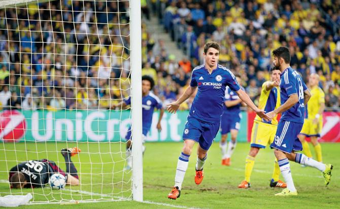 Chelsea’s Oscar celebrates after scoring against Maccabi Tel-Aviv FC on Tuesday. PIC/Getty Images