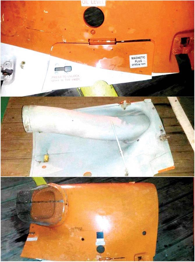 Debris of the Pawan Hans chopper recovered from near ONGC installation in the Bombay High on Thursday. Pic/PTI