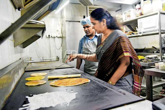 Rashmi Ubhaykar, 54, directs one of 15 chefs at her Borivli (W) restaurant Simply Saraswat. A Chitrapur Saraswat Brahmin, Ubhaykar has spent a lifetime cooking traditional cuisine and wants it better represented on Mumbai’s culinary map. PICS/NIMESH DAVE