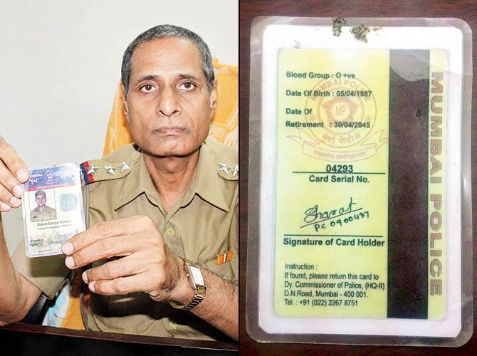 Senior police inspector Shriram Motepatil shows the fake identity card seized from the accused. (Right) The accused had been using the ID card for a year
