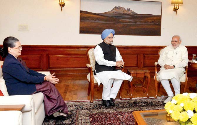 Former PM Manmohan Singh and Congress President Sonia Gandhi met PM Narendra Modi at his official residence yesterday. Pic/PTI
