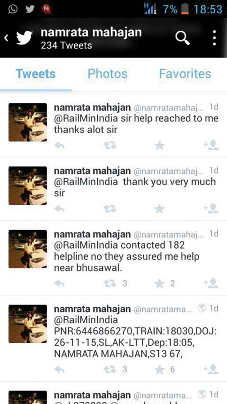 A screenshot of the Twitter thread between Mahajan and Minister of Railways Suresh Prabhu