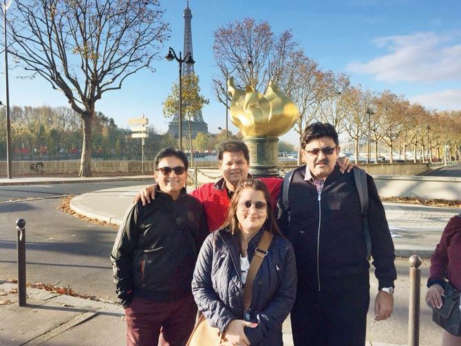 A photograph of entrepreneur Viren Shah (in red) with actor Dilip Joshi (extreme left) and friends taken in Paris on Friday