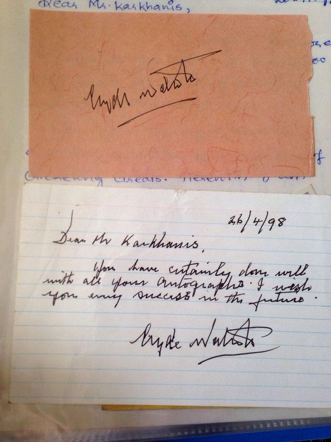 A letter and autograph from former West Indies batsman-wicketkeeper Clyde Walcott to autograph hunter Anil Karkhanis