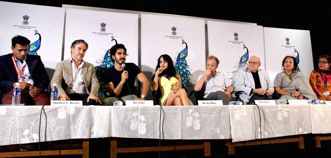 Dev Patel, Director Matthew Brown and others at the 46th International Film Festival of India (IFFI-2015), in Panaji, Goa on Thursday. PTI Photo