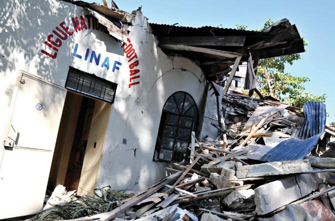 The headquarters of the Haitian football federation in Port-au-Prince stands in ruins following the 7.0 earthquake in January 2010. PIC/AFP