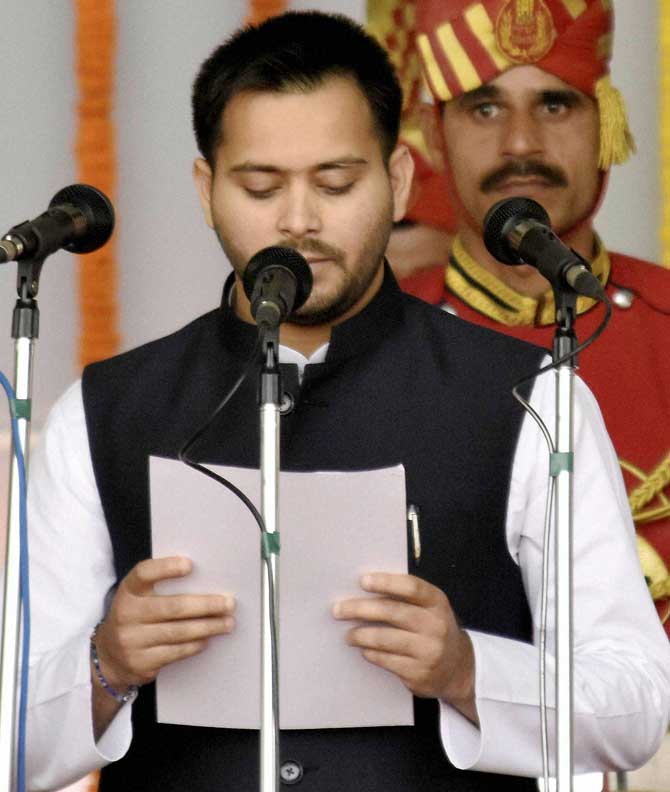 Tejaswi Yadav being sworn in on Friday