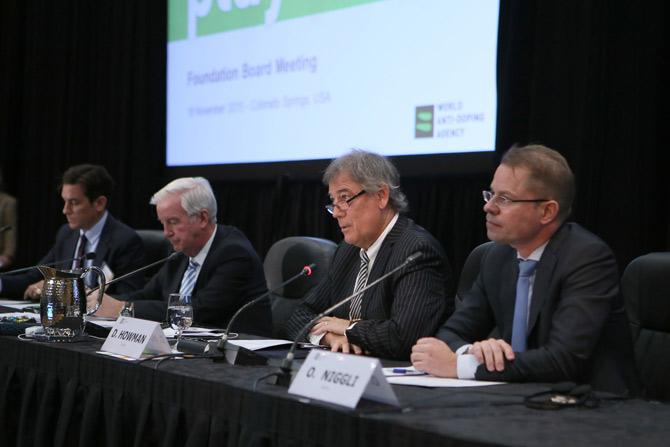 David Howman (2R) Director General of WADA speaks during a World Anti-Doping Agency(WADA) Foundation press conference