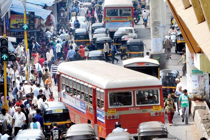 One of the busiest roads in the western suburbs,  SV road is prone to traffic jams like these. The BMC hopes to ease such traffic jams by widening the crucial bottlenecks.  File pic for representation