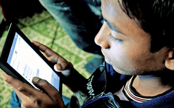 A student in a Kolkata school uses the Abheda software to get a grasp of English. Pic courtesy/Abheda Foundation