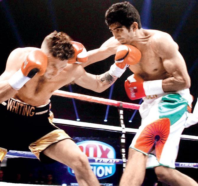 Vijender Singh (right) lands a punch on Sonny Whiting at the Manchester Arena on Saturday