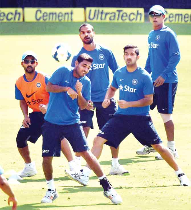 Indian players indulge in a football session during practice at Indore yesterday. Pic/PTI